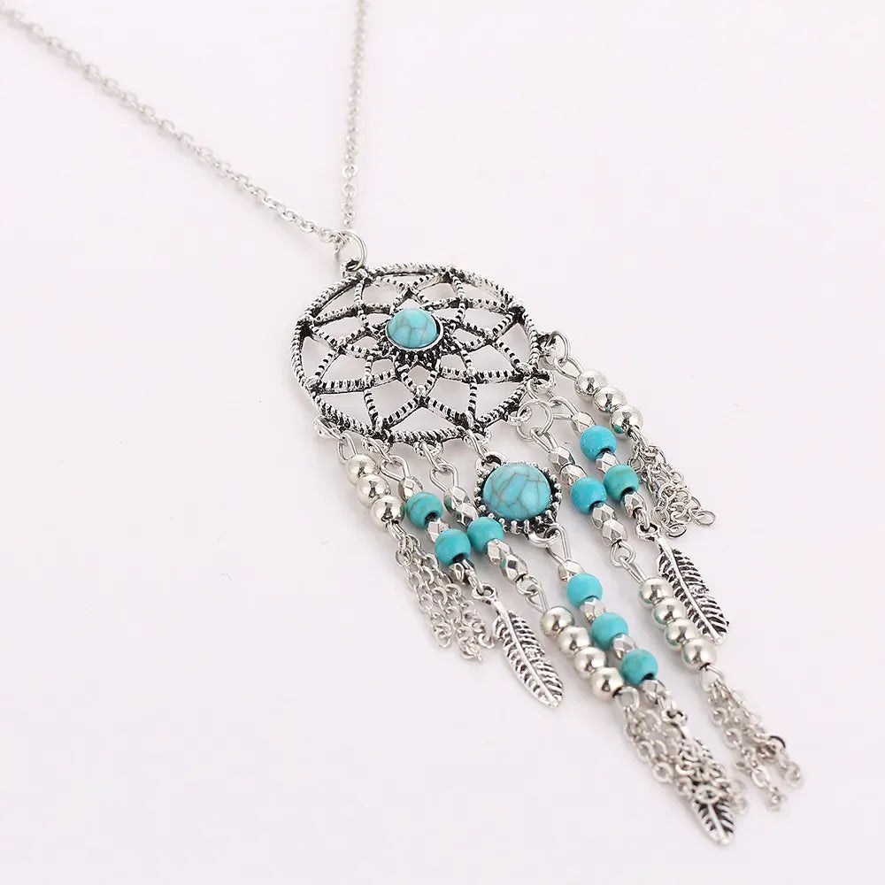 2016 New Bohemia Style Retro Tassel Feathers Turquesa Pendant Necklace 78cm Dream catcher Sweater Necklaces For Women Girl