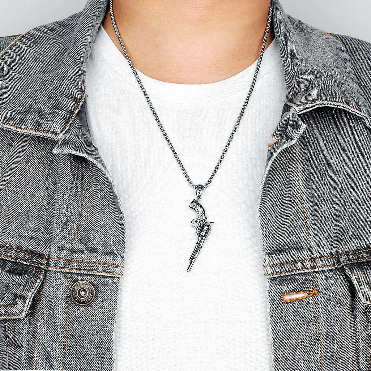 Western Revolver Necklace in Stainless Steel