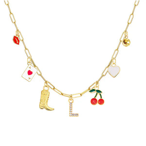 Boho Red Lips Cherry Heart Letter Charm Necklace Gold Plated Boots Crystal Initials Necklaces Cowgirl Beach Jewelry L