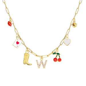 Boho Red Lips Cherry Heart Letter Charm Necklace Gold Plated Boots Crystal Initials Necklaces Cowgirl Beach Jewelry W