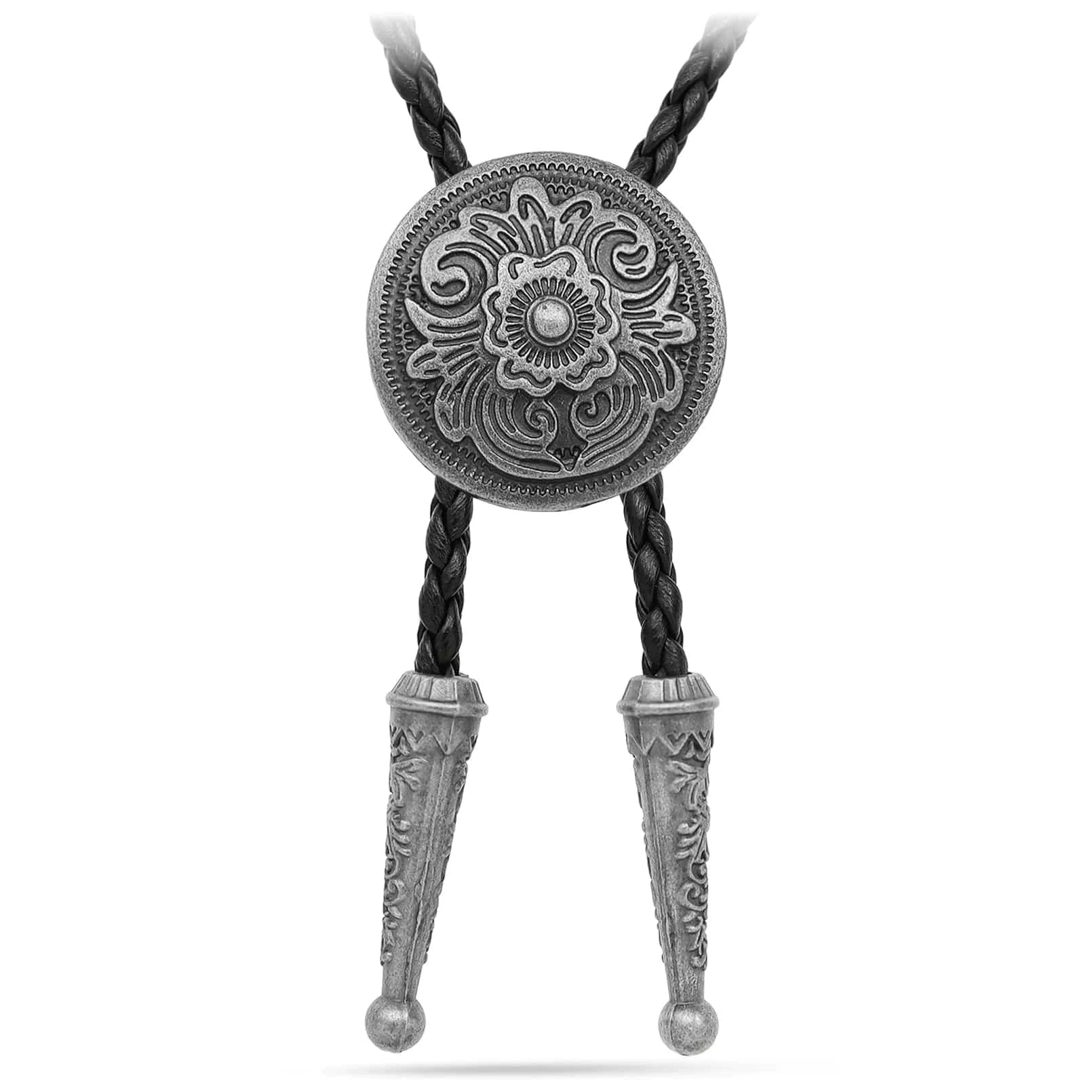 Bolo tie med rund blommönstrad silvermedaljong Silver