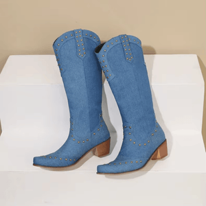 Cowboyboots Denim med Nitar och Blockklack