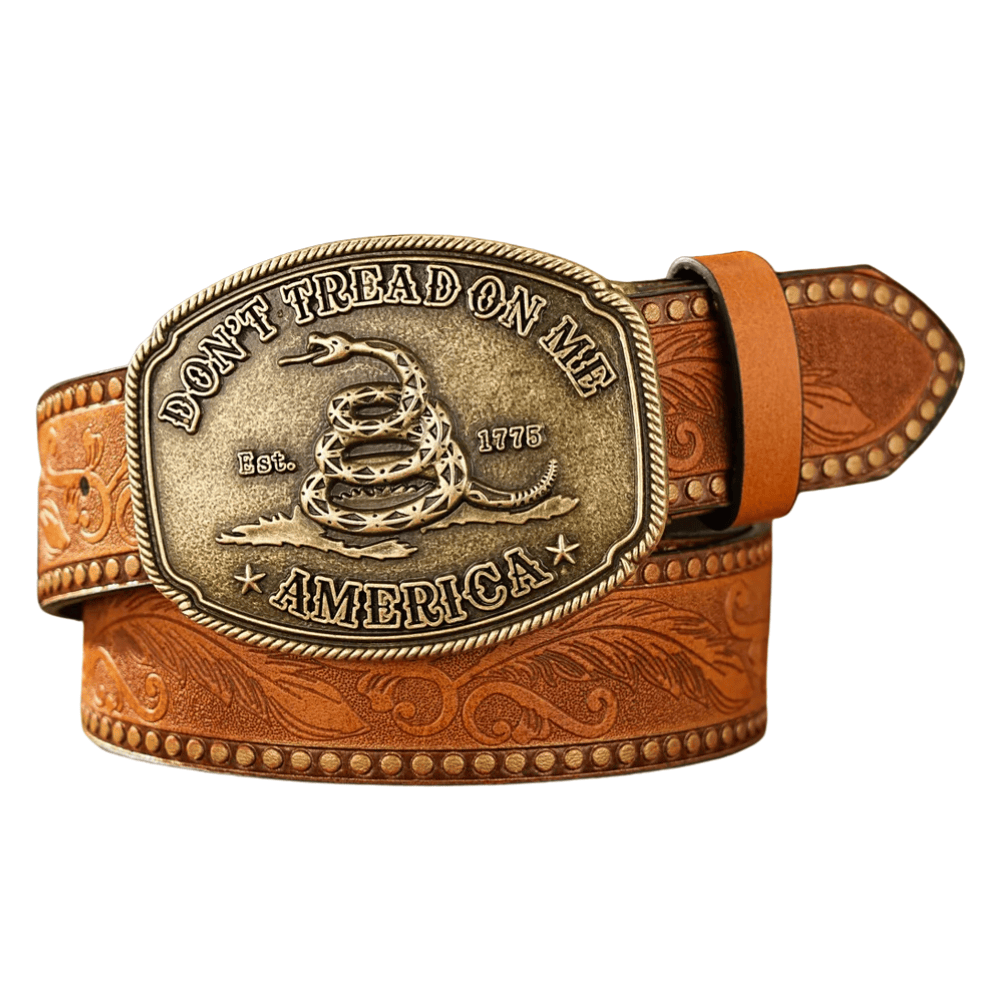 Don't Tread On Me cowboybälte med ormmotiv Kamel guld / 120cm