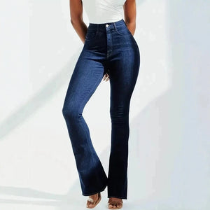 Högmidjade mörkblå flare jeans Mörkblå / S