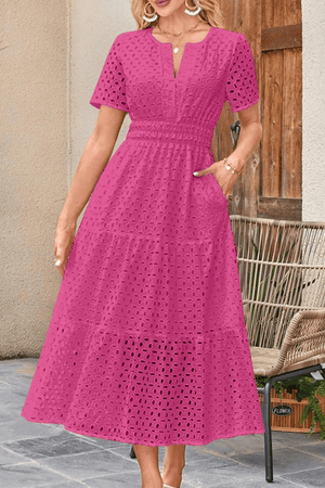 Lång bohemisk klänning med spets och broderi Stark rosa / XS