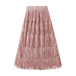 Lång festkjol med fransvolanger Rosa / One Size