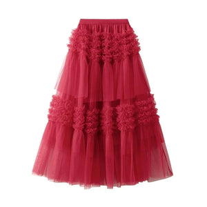 Maxikjol med ett moln av rynkade volanger Röd / One Size