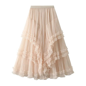 Maxikjol med kaskader av tyllvolanger Beige / One Size