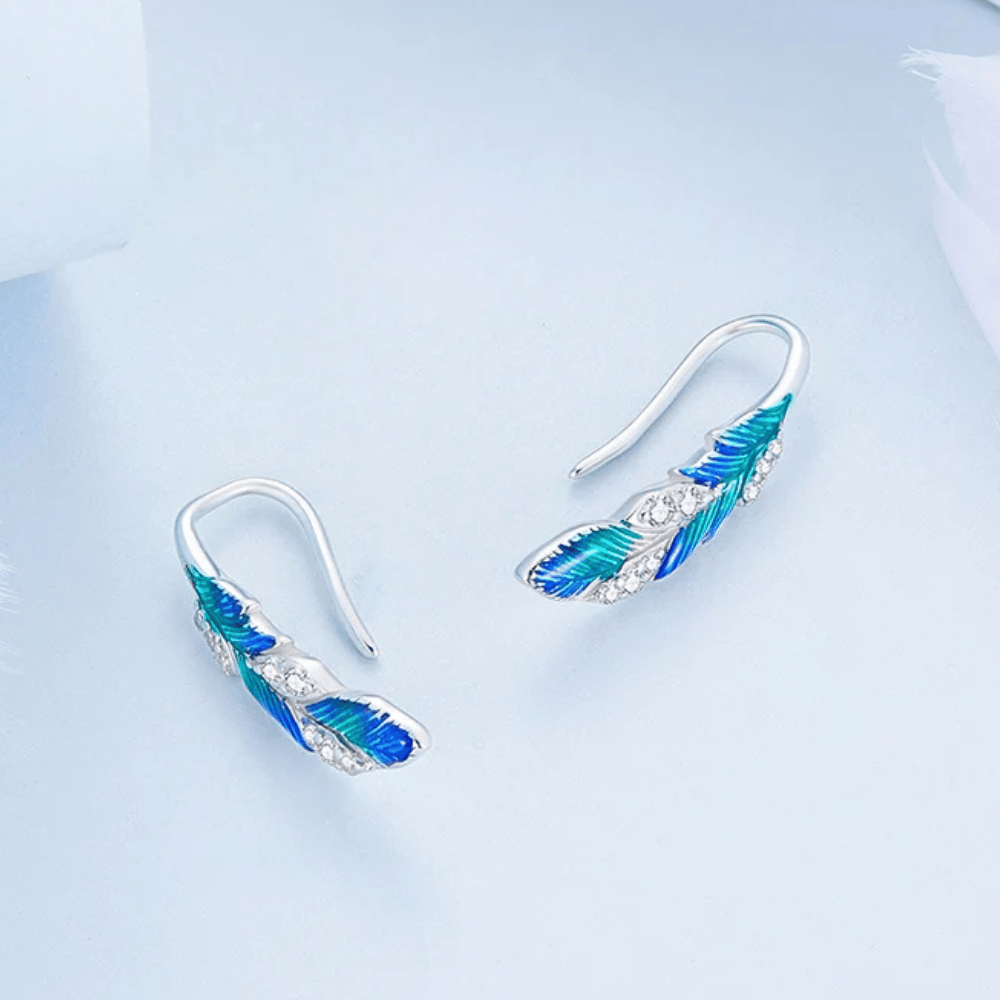 Blue Feather Silver Drop Earrings