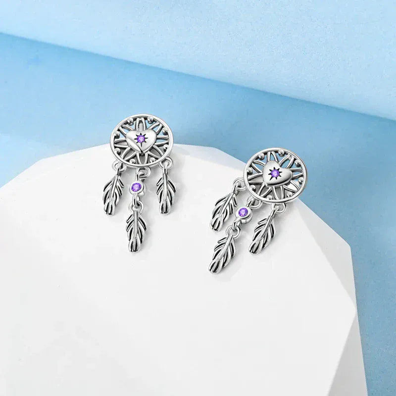 Sterling Silver Dreamcatcher Earrings, Purple Stone