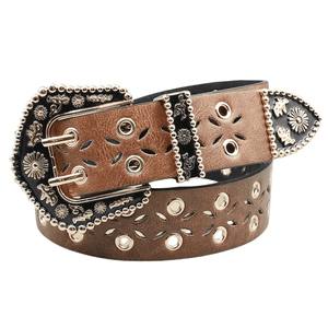 Westernbälte i Bohemisk Stil med Blommigt Mönster och Öppna Nitar Brun / 100cm