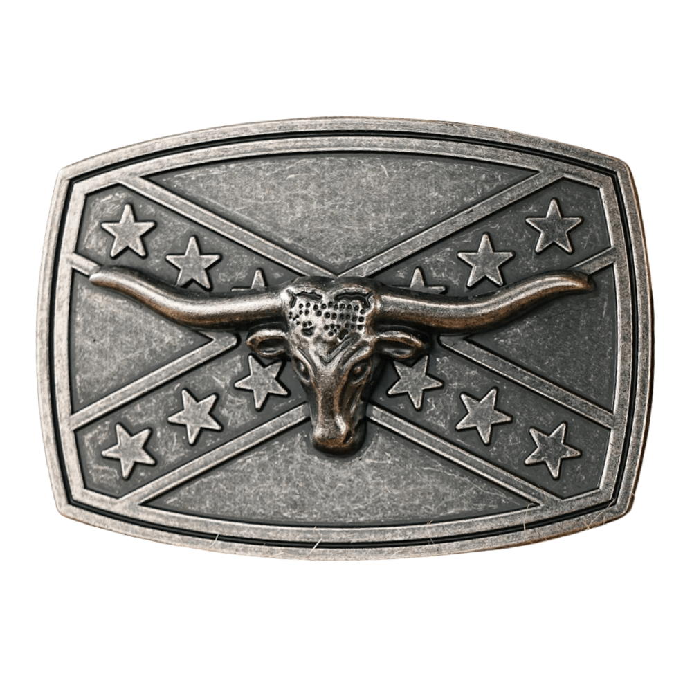 Bältespänne med sydstatsflagga och westernmotiv Silver Longhorn