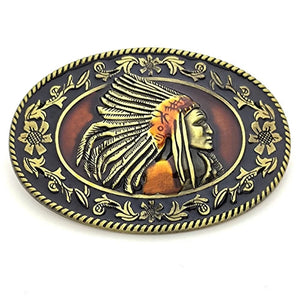 Bältespänne ovalt indianhövding fjädrar western Guld