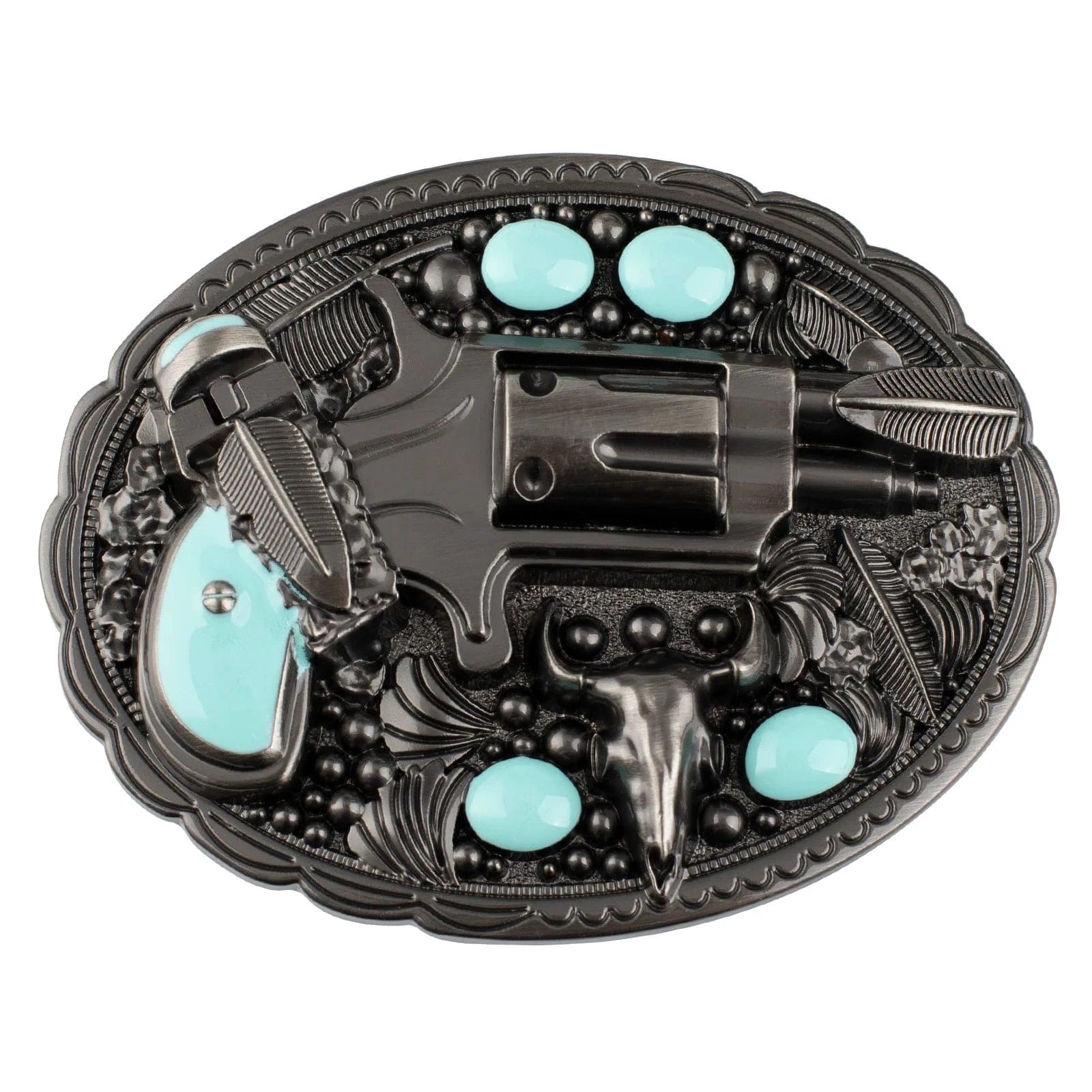 Bältesspänne med revolver turkos stenar western stil Antiksilver