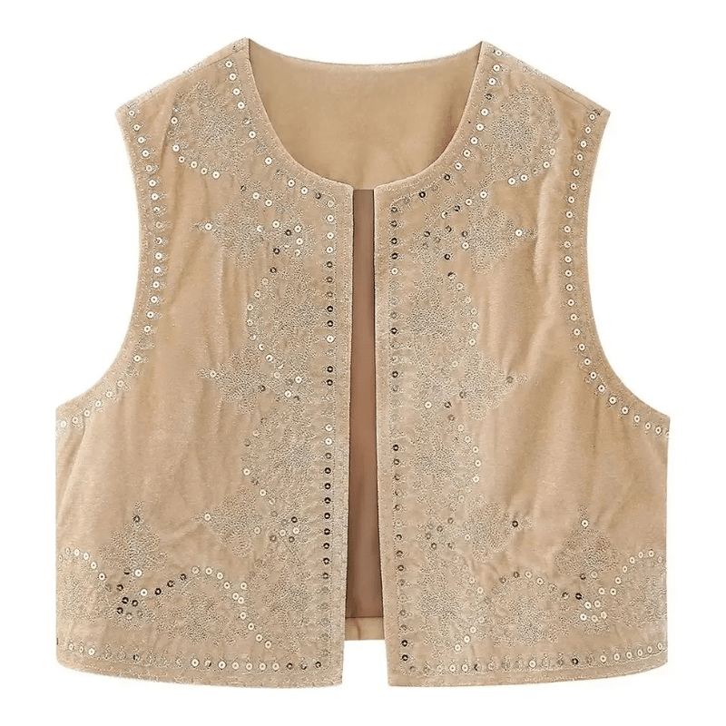Bohemisk Festväst i Sammet med Glittrande Detaljer Beige / S