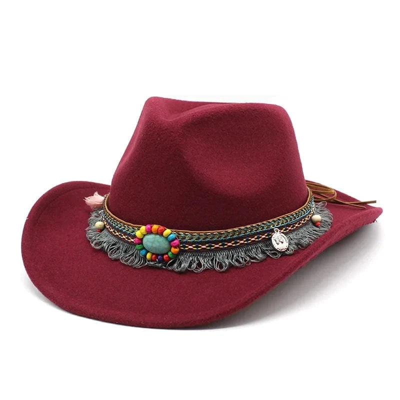 Bohemisk filt cowboyhatt Vinröd / 56-58cm