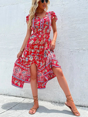 Boho sommarklänning dam med blommigt tryck Röd / S