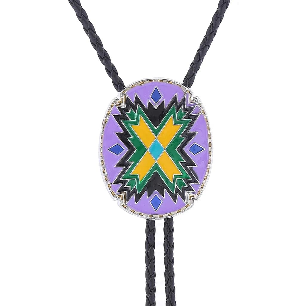 Bolo tie i justerbart läder med färgstarkt totemmönster Ljus violett