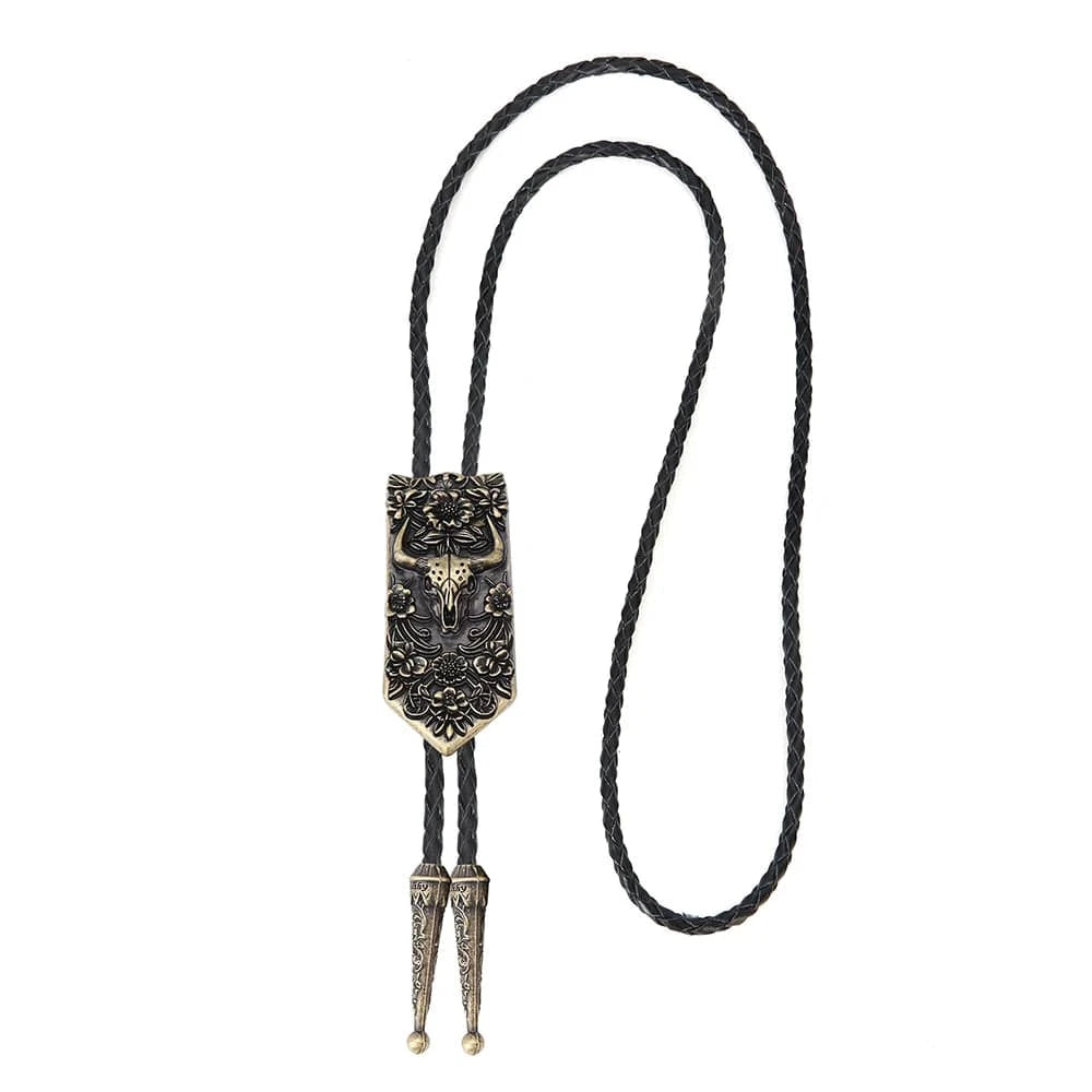 Bolo tie i läder med oxskalle och blommönster