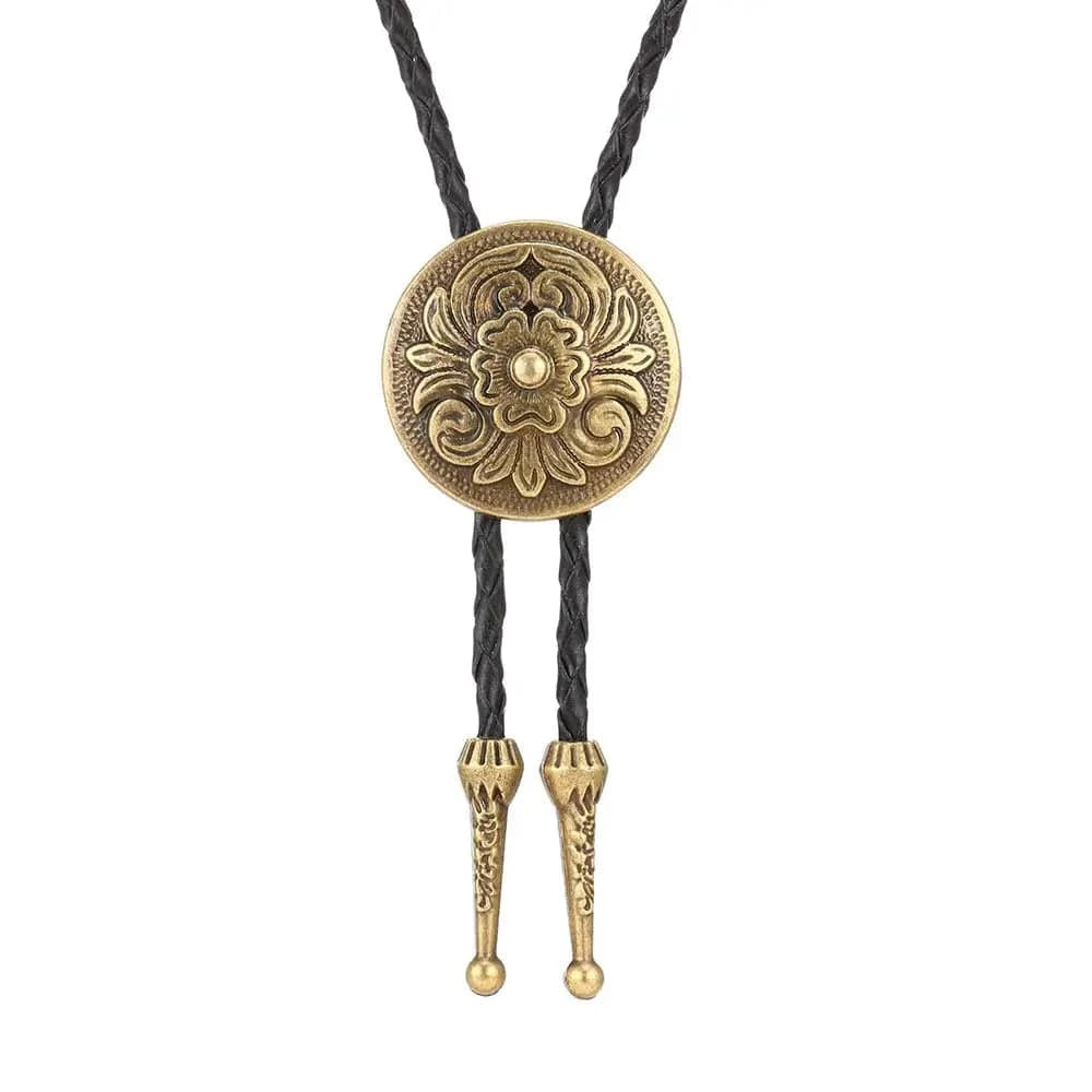 Bolo tie med rund medaljong och blomgravyr Guld