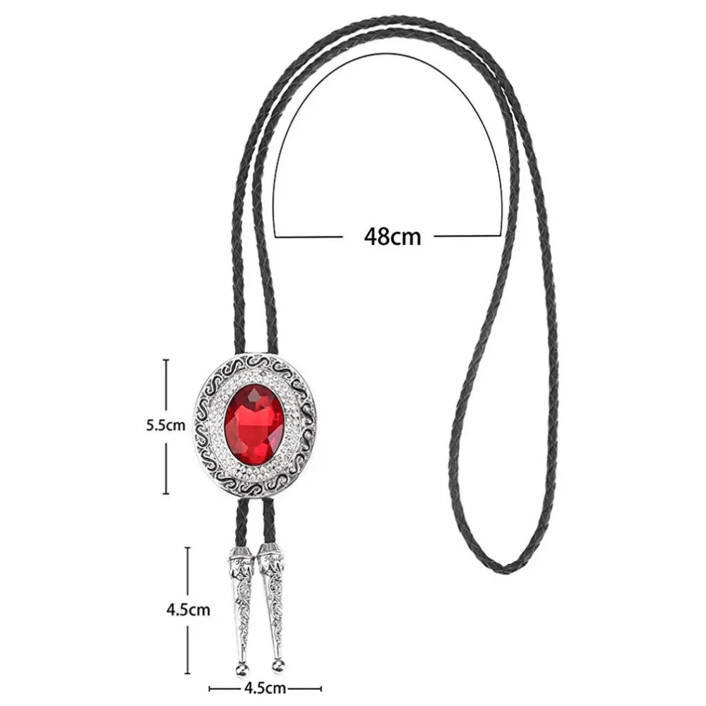 Bolo tie rund med blå rhinestone och flätad läderrem