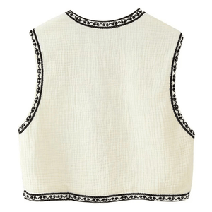 Broderad Dam Väst med Blommönster Svartvit Vintage Crop