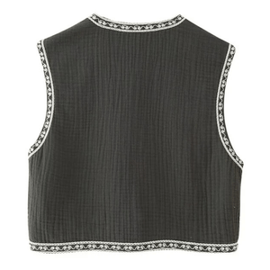 Broderad Dam Väst med Blommönster Svartvit Vintage Crop