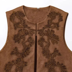 Broderad Fuskmocka Väst Dam Kort Modell