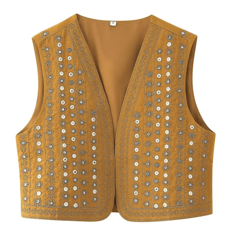 Broderad Väst Dam med Paljetter Mörksenap / XS