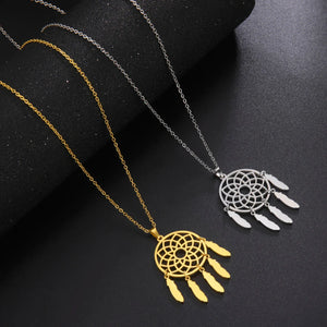 Cazador Hollow Dreamcatcher Feather Pendant Necklaces for Women Stainless Steel Jewelry Choker Necklaces 2025 Birthday Gift