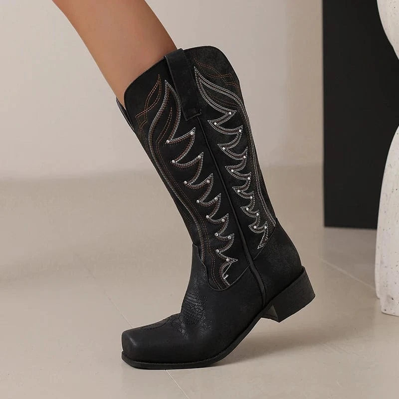 Tvåfärgade Höga Cowboyboots med Fyrkantig Tå för Dam