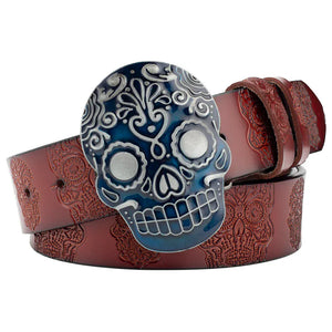 Cowboybälte Äkta Läder Dödskalle Blå och Rödbrun / 90cm