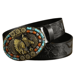 Cowboybälte i bohemisk stil med turkosa detaljer och snidade blommönster Svart / 110cm