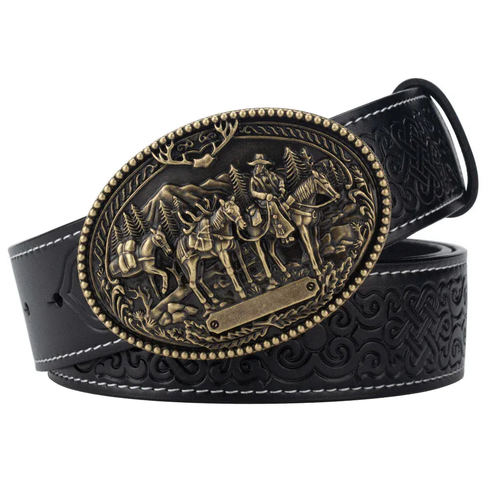 Cowboybälte i läder westernspänne Brons Svart / 90cm