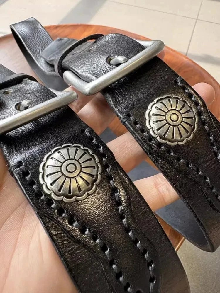 Cowboybälte i Svart Äkta Läder med Silverdetaljer