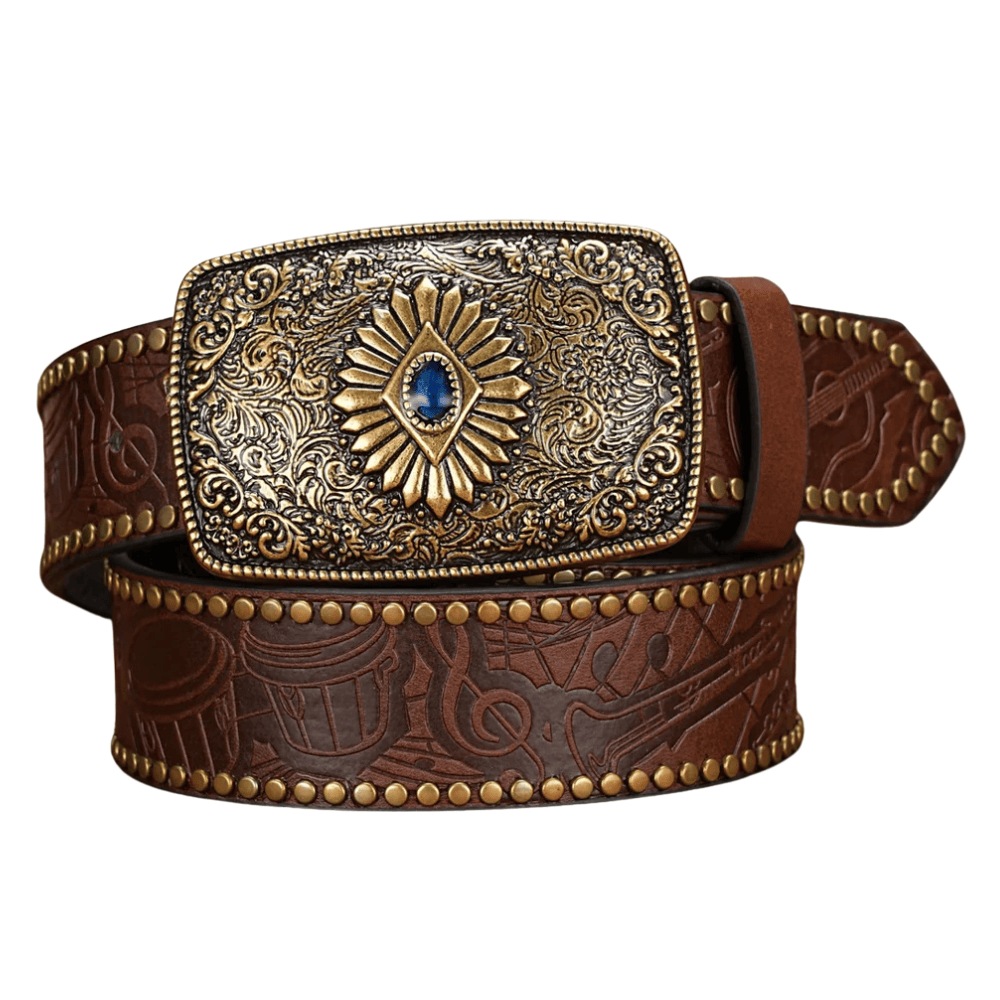 Cowboybälte med rektangulärt gravyrspänne Mörkbrun / 120cm