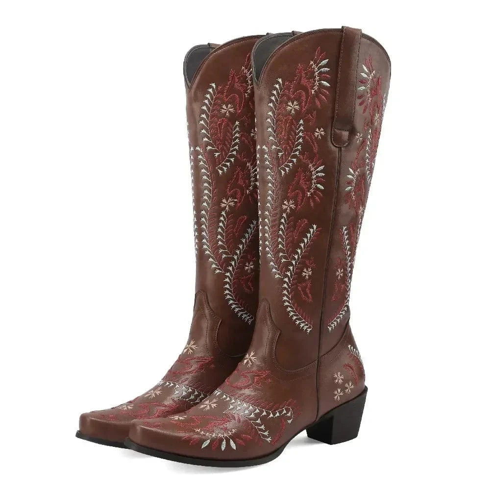 Cowboyboots med broderad design och blockklack Brun / 35