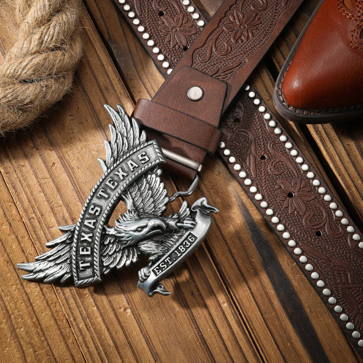 Cowboyläderbälte med Texas örnspänne
