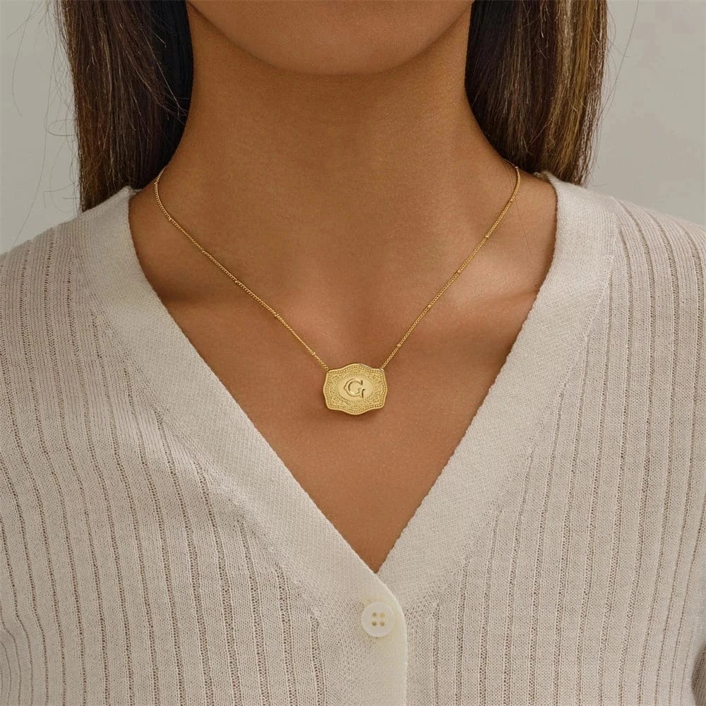 Embossed Belt Buckle Pendant Necklace for Men Punk Jewelry Gold Color A-Z Initial Letter Necklaces Women Western Jewelry Gift