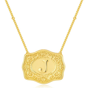 Embossed Belt Buckle Pendant Necklace for Men Punk Jewelry Gold Color A-Z Initial Letter Necklaces Women Western Jewelry Gift J / Silver / CHINA