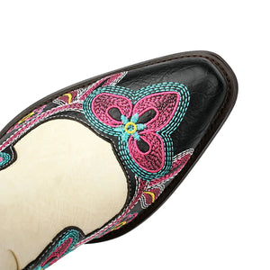 Tvåfärgade Höga Cowboyboots med Blommigt Broderi för Dam