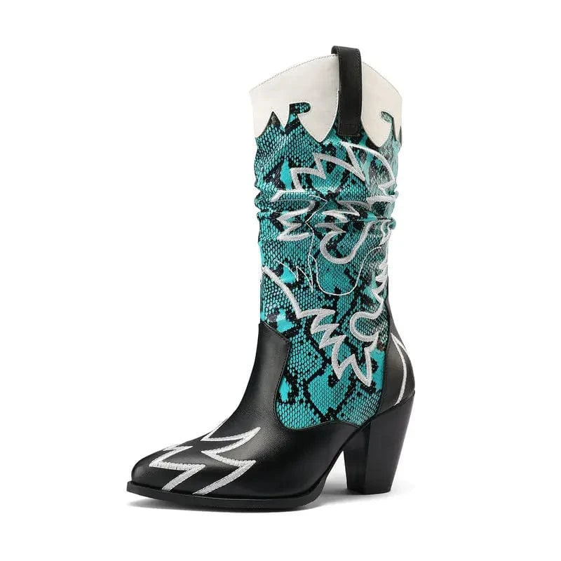Tvåfärgade Cowgirl Boots med Färgglatt Ormskinnsmönster Blå / 35