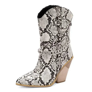 Låga Cowboyboots med Kedja och Hög Klack Ormskinn / 35