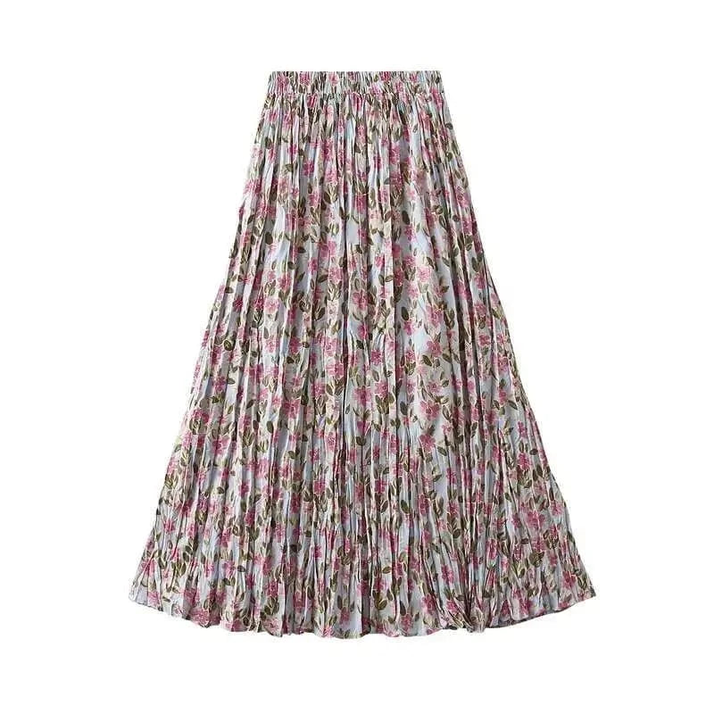 Lång plisserad kjol med blommönster Rosa / One Size