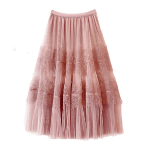 Lång plisserad tyllkjol med spetsvolanger Rosa / One Size