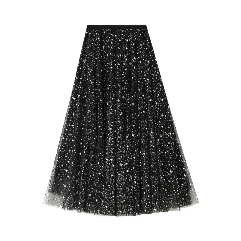 Lång tyllkjol med glittrig stjärnhimmel Svart / One Size