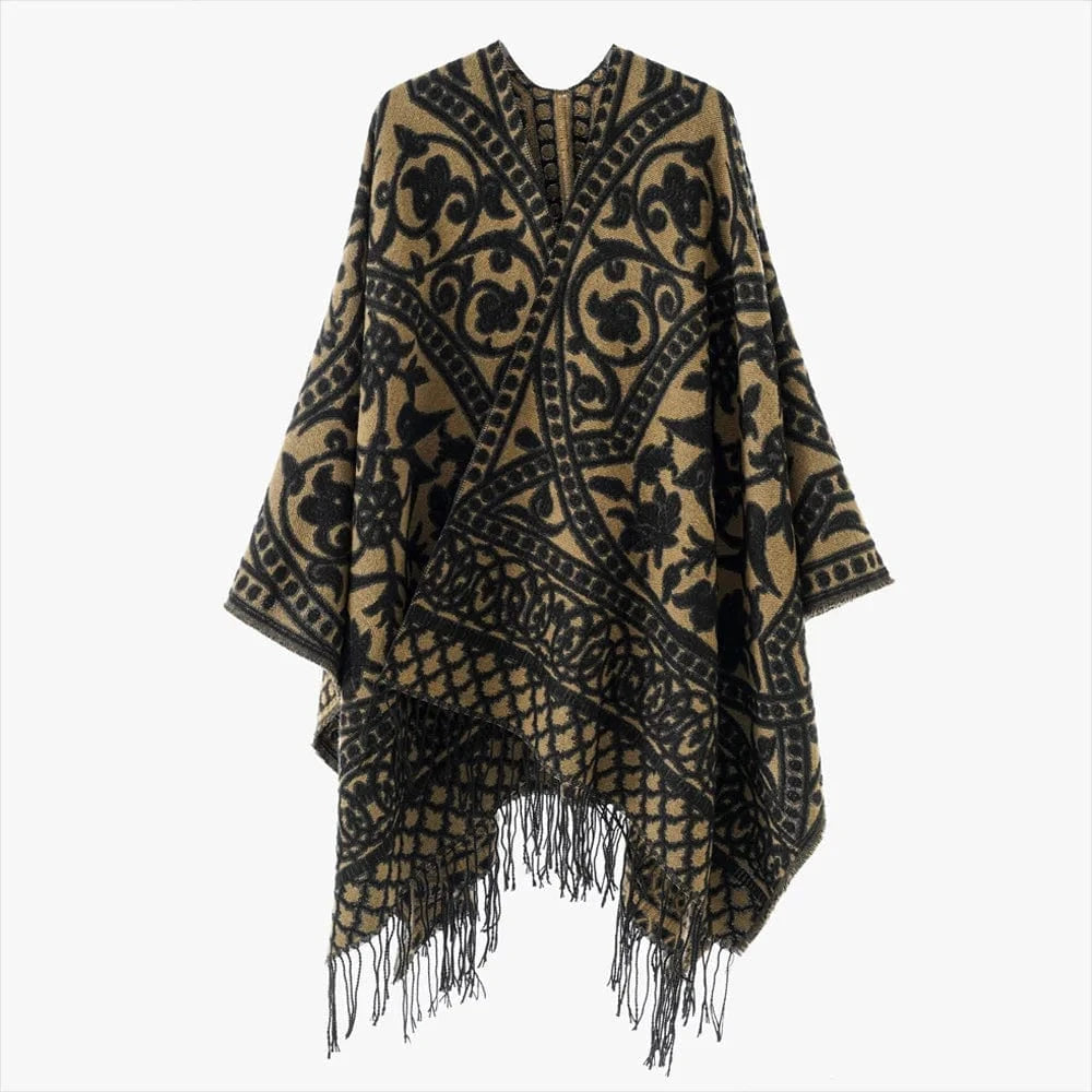 Öppen poncho med blommigt jacquardmönster Beige svart / One Size
