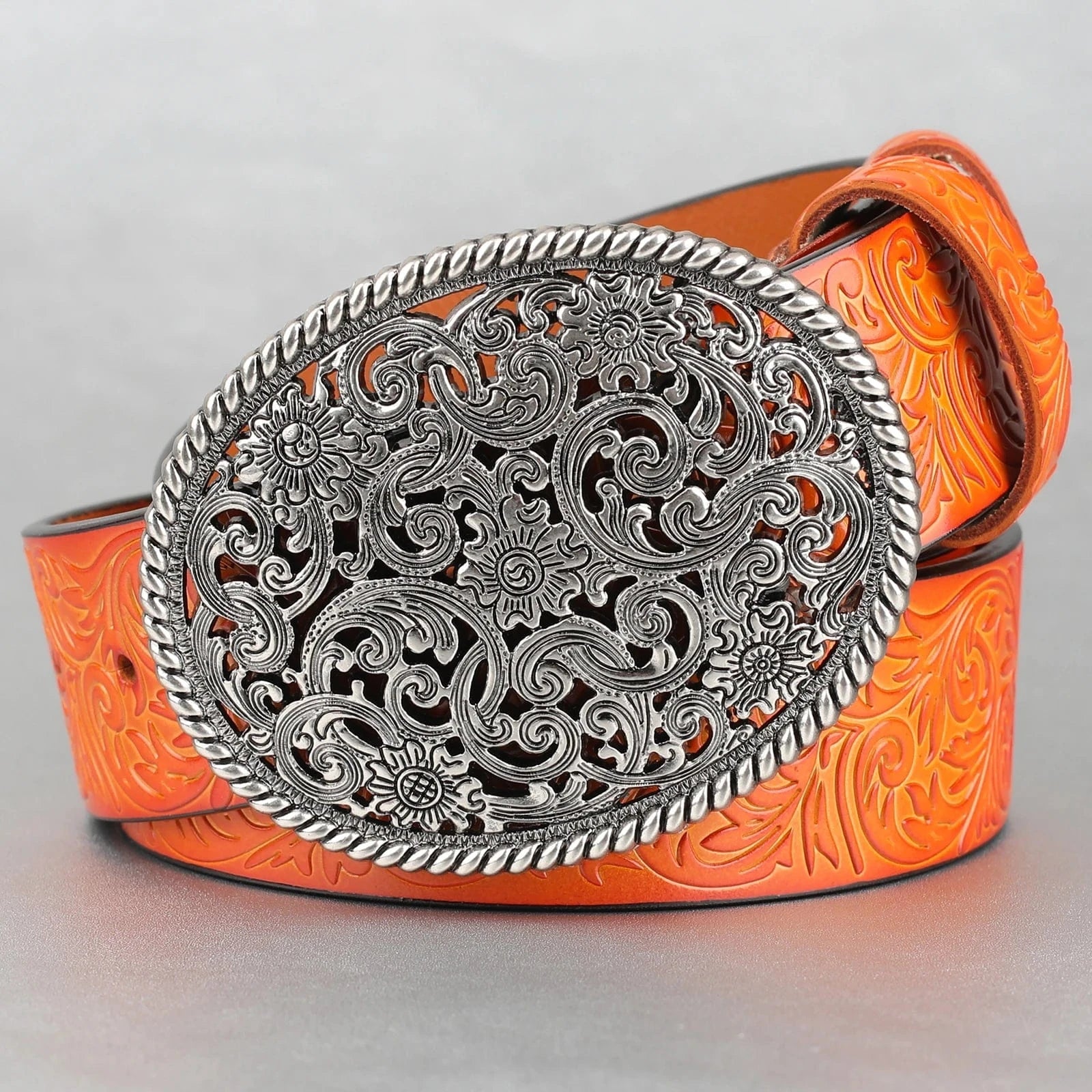 Ovalt bältespänne i vintage-silver med blommigt gravyrmönster Silver
