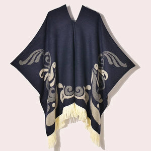 Poncho med fransar Marinblå / One Size