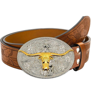 Retropräglat westernbälte i läder med djurmotiv och guldfärgat spänne Brun och silver / 110cm